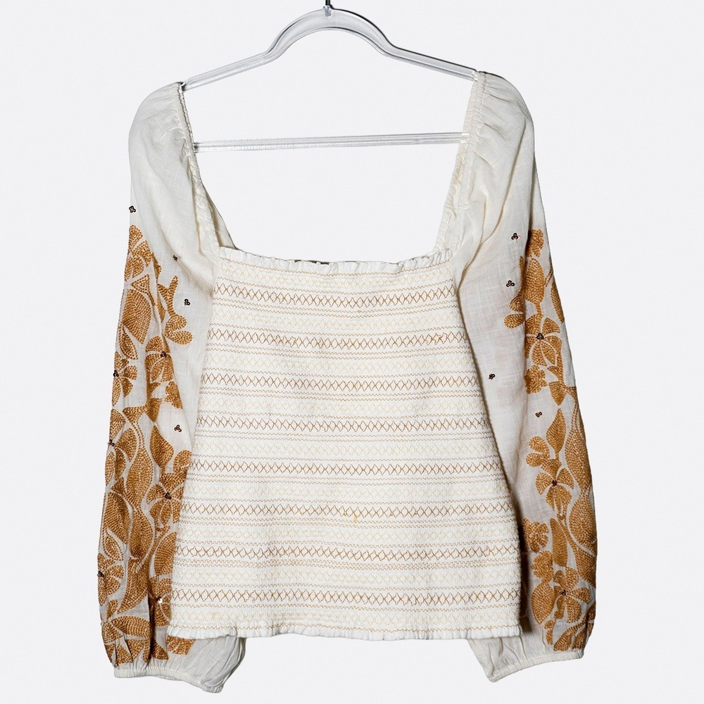 Anthropologie Boho Luxe Smocked Blouse Tan Embroidery Plus Size 1X XL Romantic - Picture 2 of 9